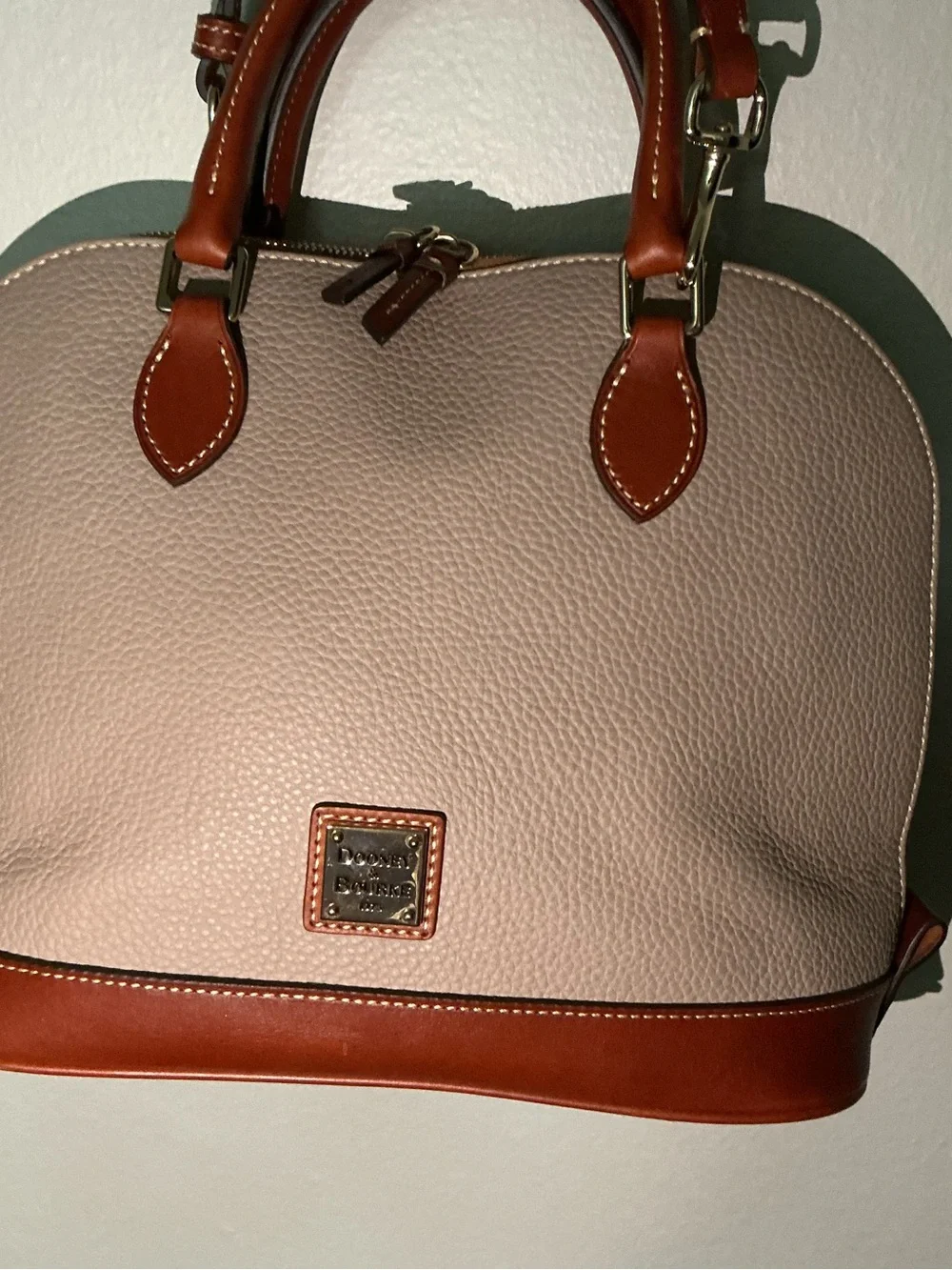 Dooney & Bourke Pebble Grain Zip Zip Dome Satchel - Oyster with British Tan Trim